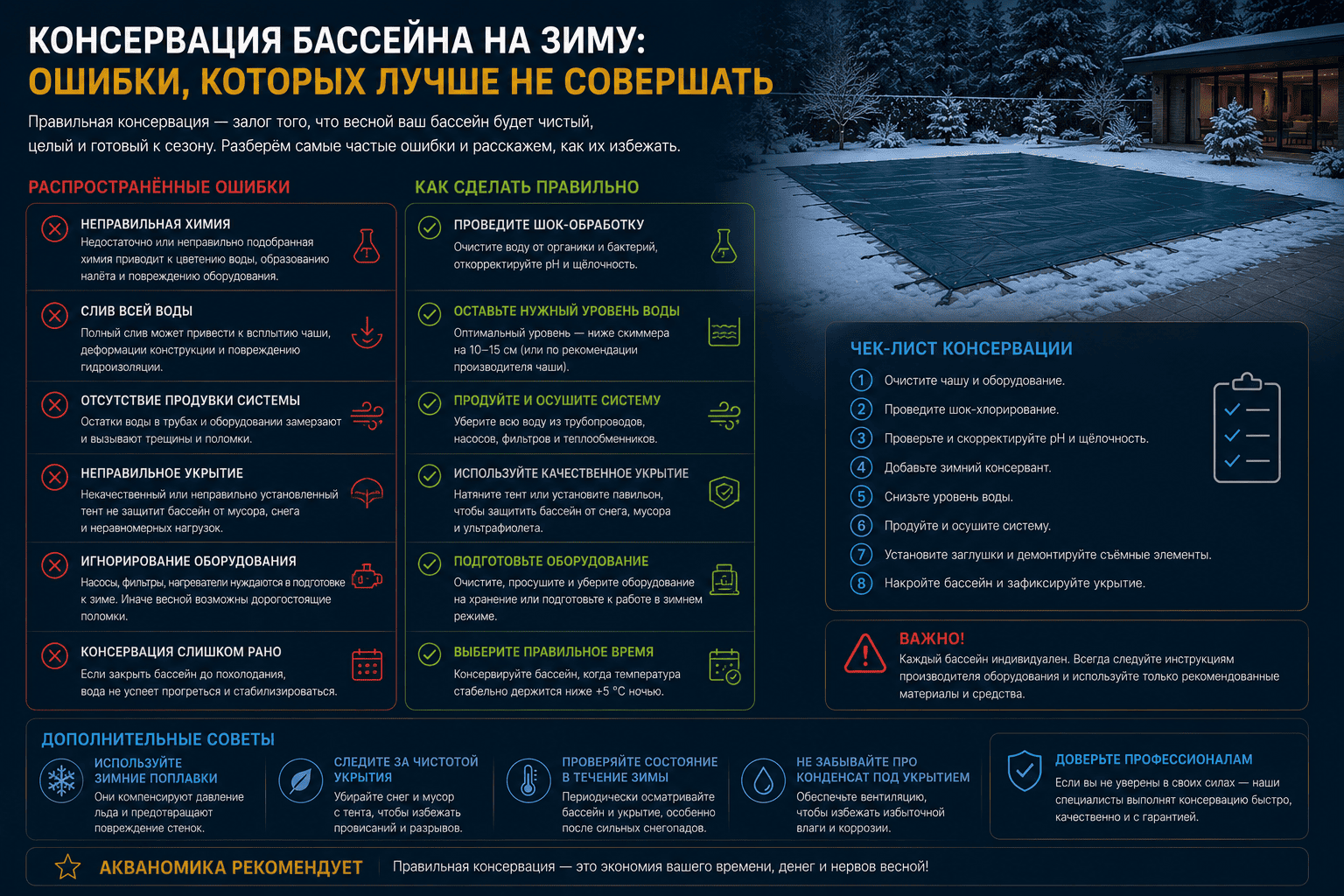 Консервация бассейна на зиму: ошибки, которых лучше не совершать
